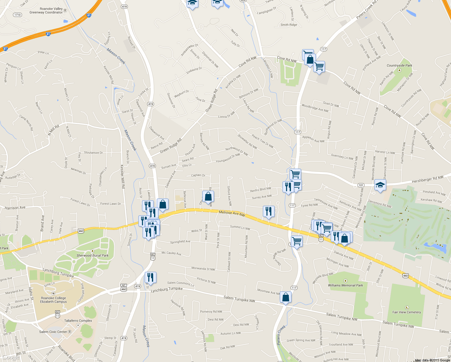 map of restaurants, bars, coffee shops, grocery stores, and more near 1510 Gilford Avenue Northwest in Roanoke