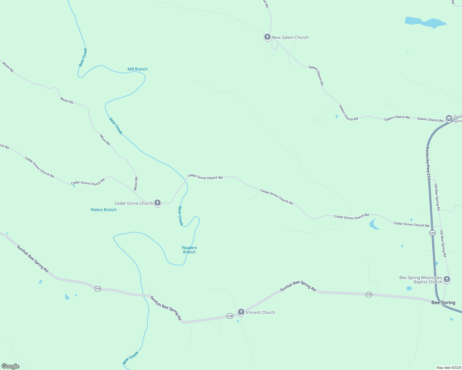 map of restaurants, bars, coffee shops, grocery stores, and more near 1667 Cedar Grove Church Road in Bee Spring