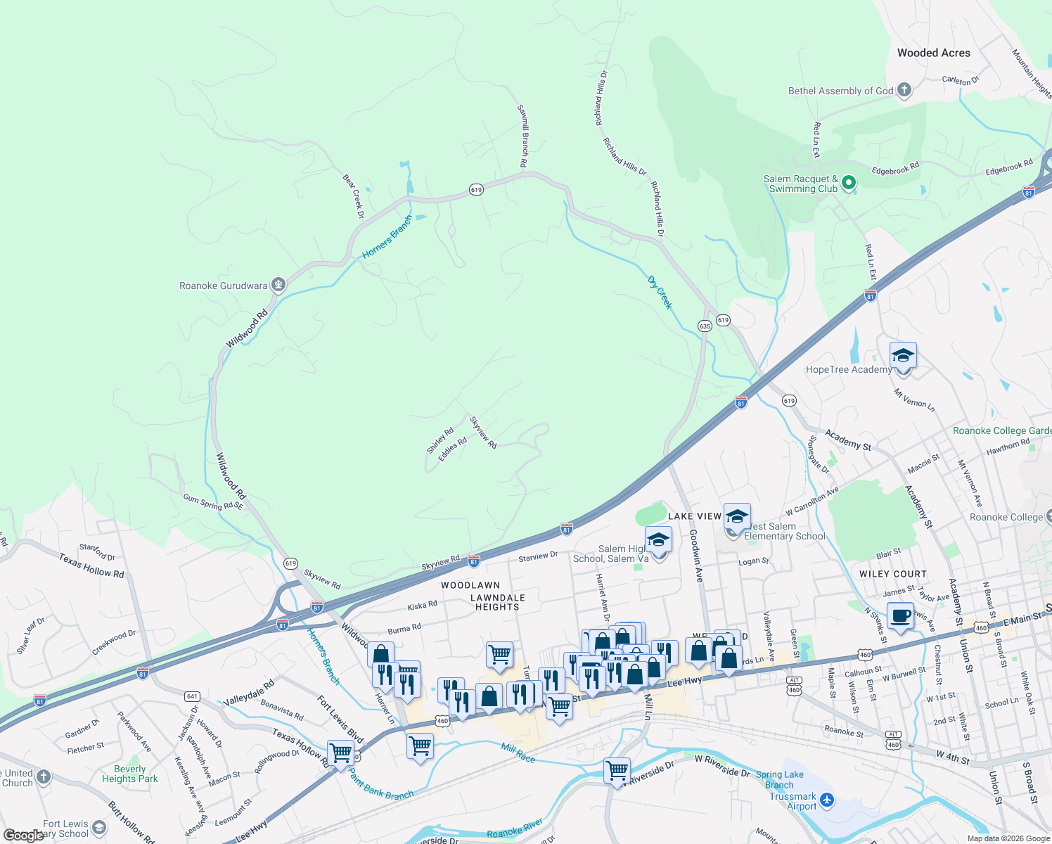 map of restaurants, bars, coffee shops, grocery stores, and more near 811 Montvue Road in Salem