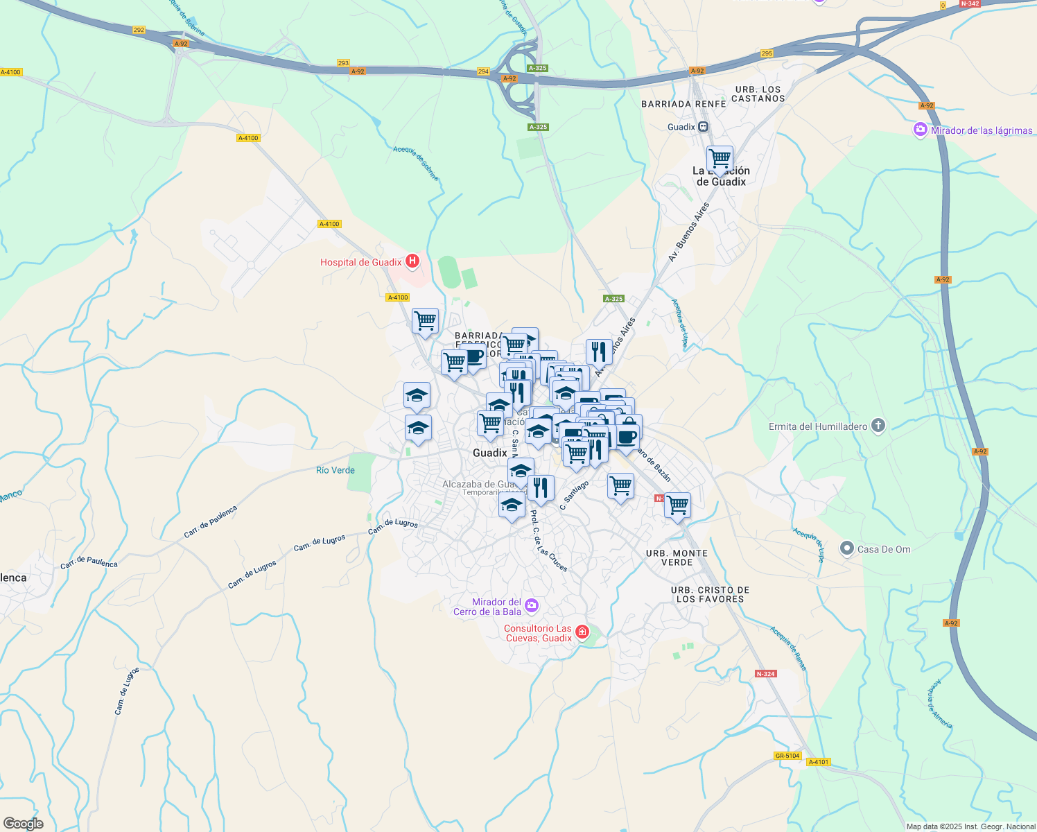 map of restaurants, bars, coffee shops, grocery stores, and more near 6 Calle San Miguel in Guadix