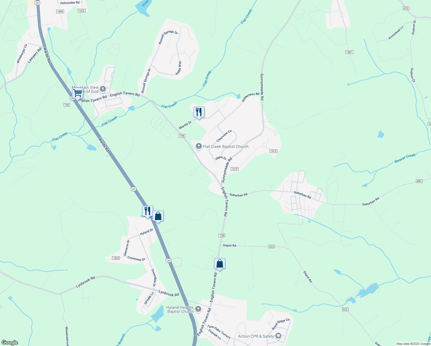 map of restaurants, bars, coffee shops, grocery stores, and more near 1401 English Tavern Road in Lynchburg
