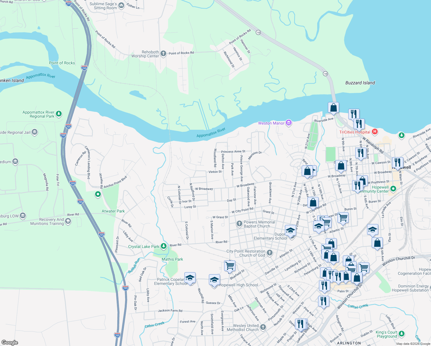 map of restaurants, bars, coffee shops, grocery stores, and more near 3200 Vinton Street in Hopewell