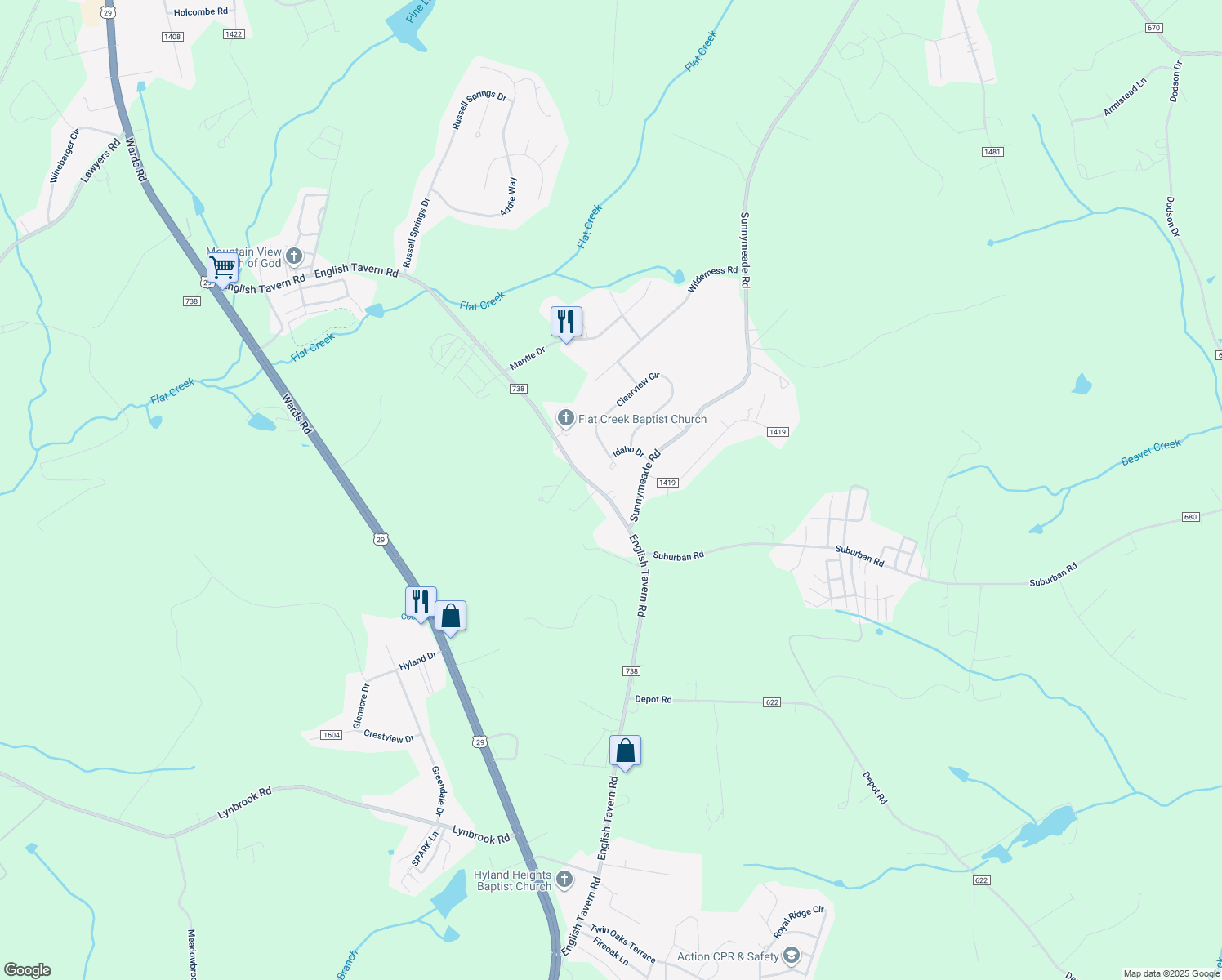map of restaurants, bars, coffee shops, grocery stores, and more near 1401 English Tavern Road in Lynchburg