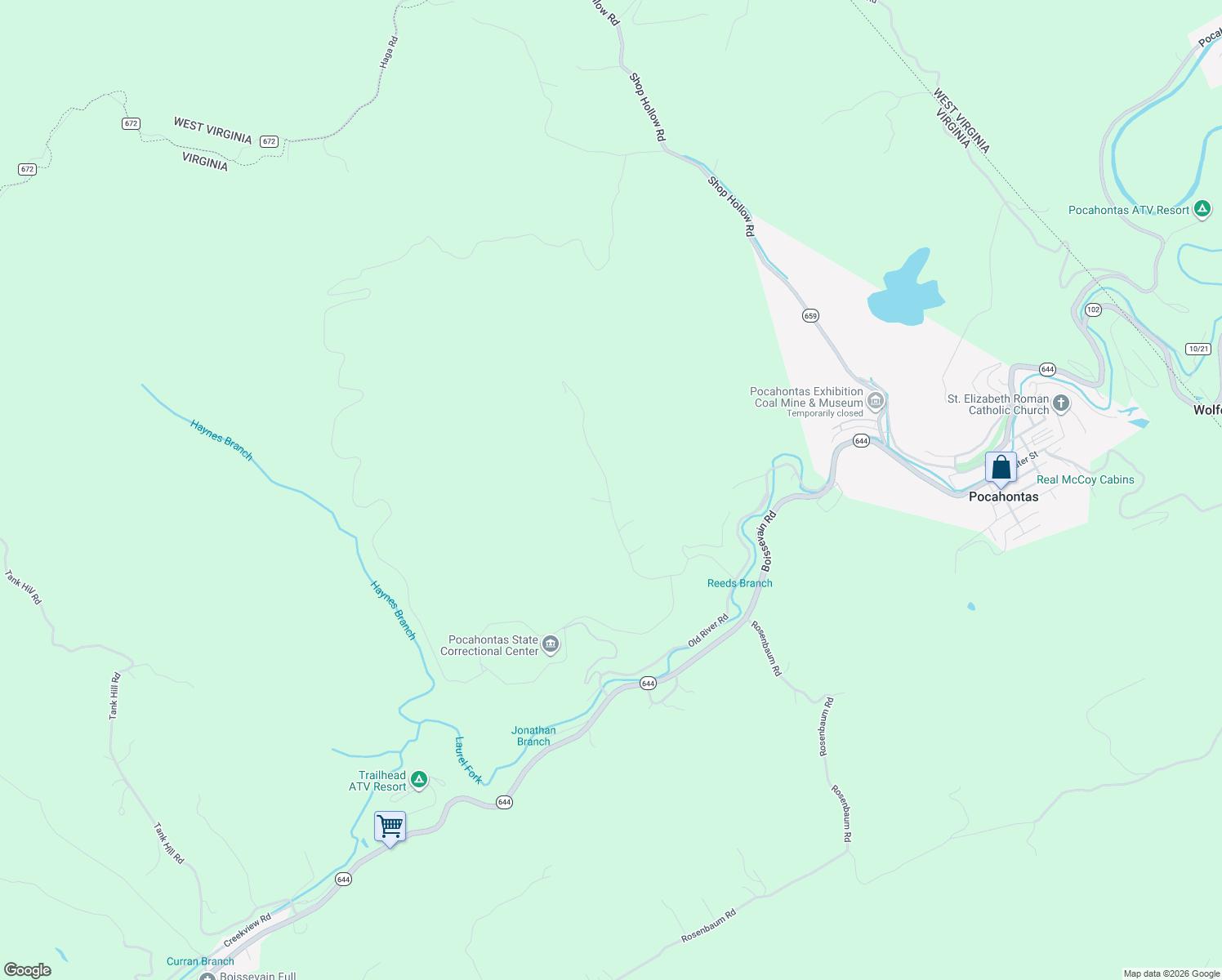 map of restaurants, bars, coffee shops, grocery stores, and more near 670 Old Mountain Road in Pocahontas