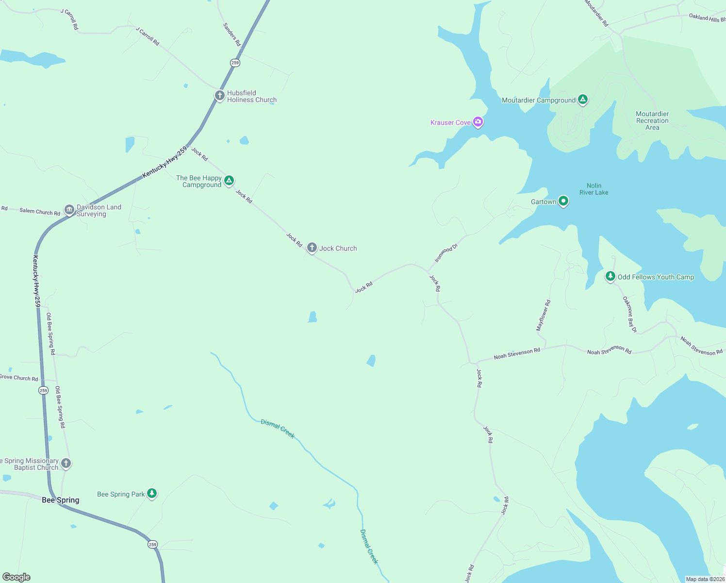 map of restaurants, bars, coffee shops, grocery stores, and more near 2399 Jock Road in Bee Spring