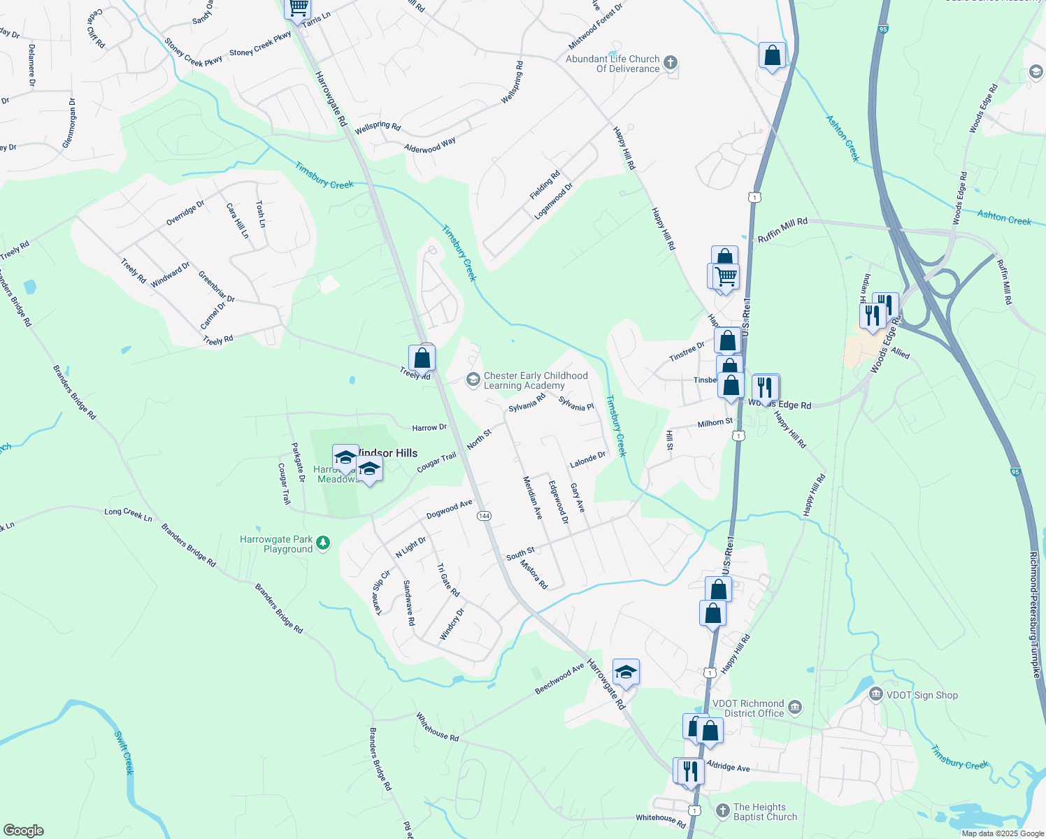 map of restaurants, bars, coffee shops, grocery stores, and more near 3505 Sylvania Rd in Chester