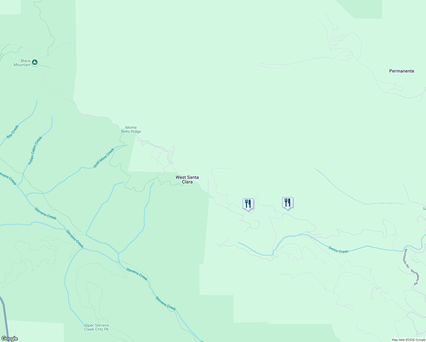 map of restaurants, bars, coffee shops, grocery stores, and more near 17599 Montebello Road in Cupertino