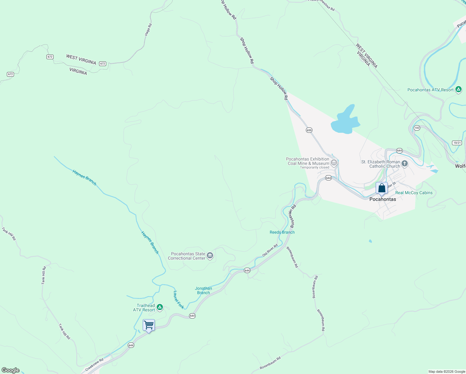 map of restaurants, bars, coffee shops, grocery stores, and more near 670 Old Mountain Road in Pocahontas