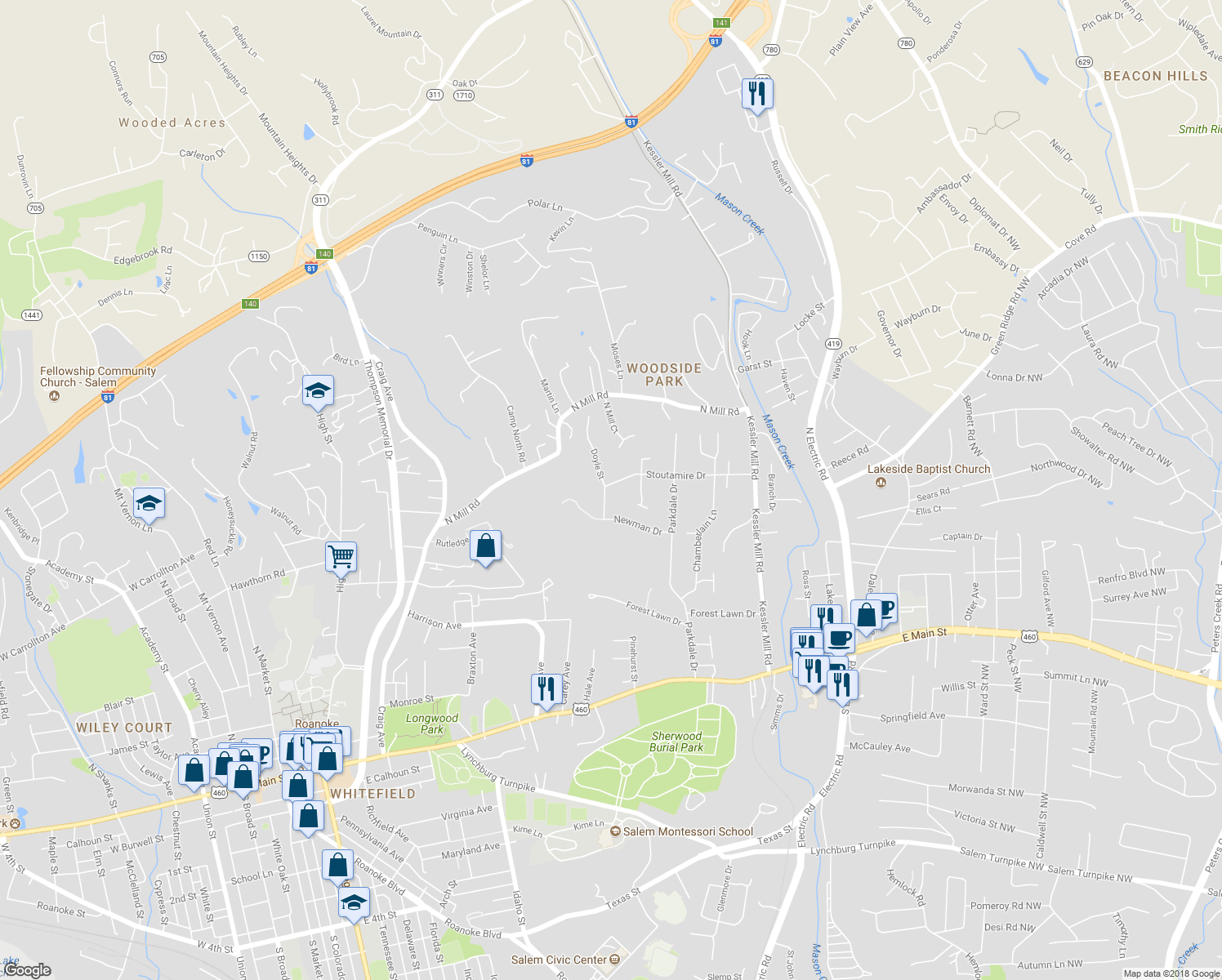 map of restaurants, bars, coffee shops, grocery stores, and more near 1100 Stoutamire Drive in Salem