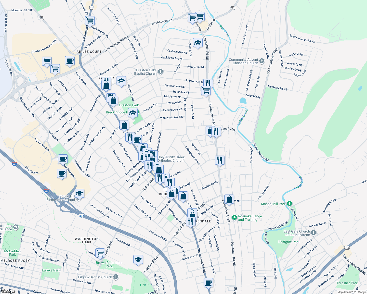 map of restaurants, bars, coffee shops, grocery stores, and more near 3340 Collingwood Street Northeast in Roanoke