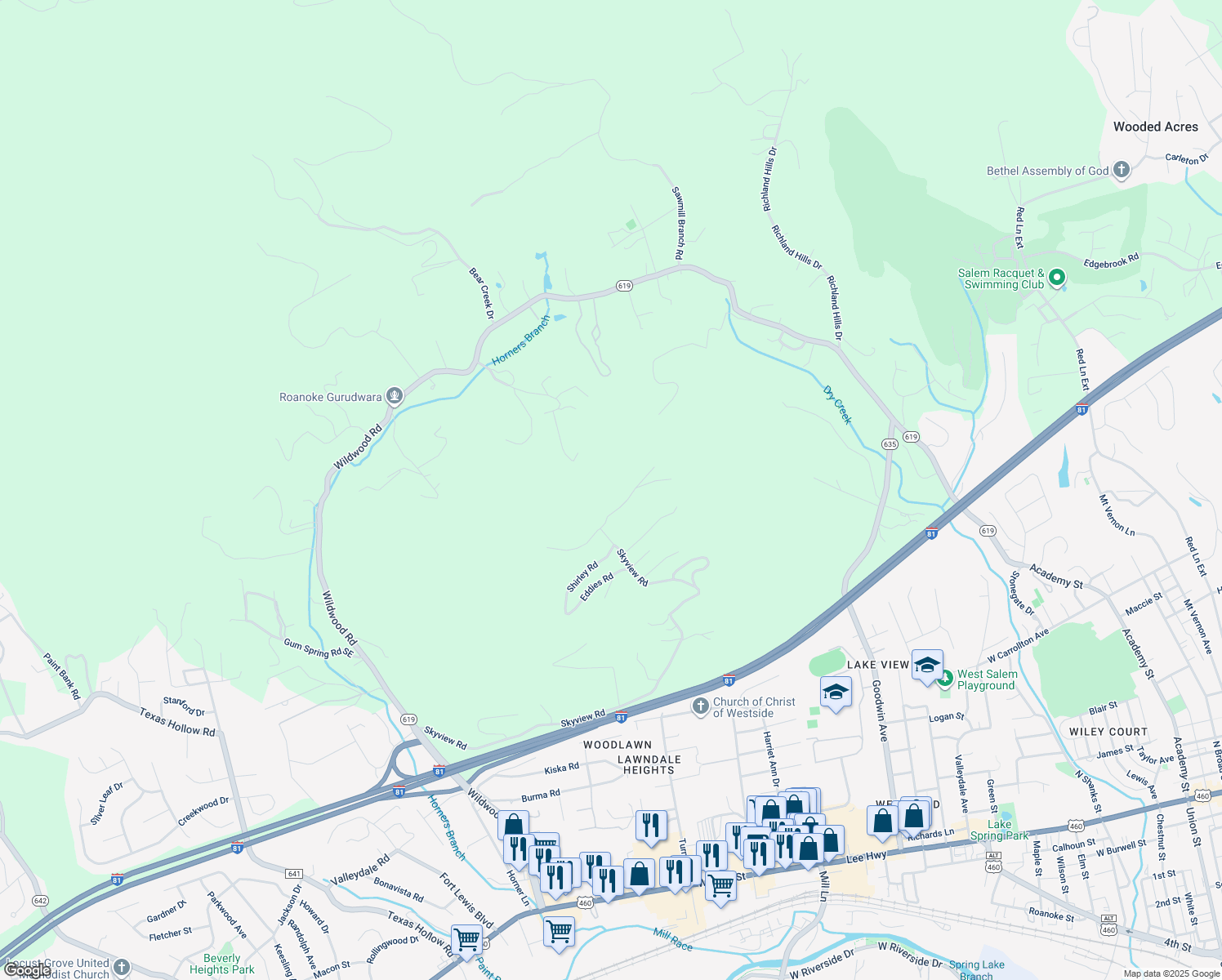 map of restaurants, bars, coffee shops, grocery stores, and more near 843 Brushy Ridge Road in Salem
