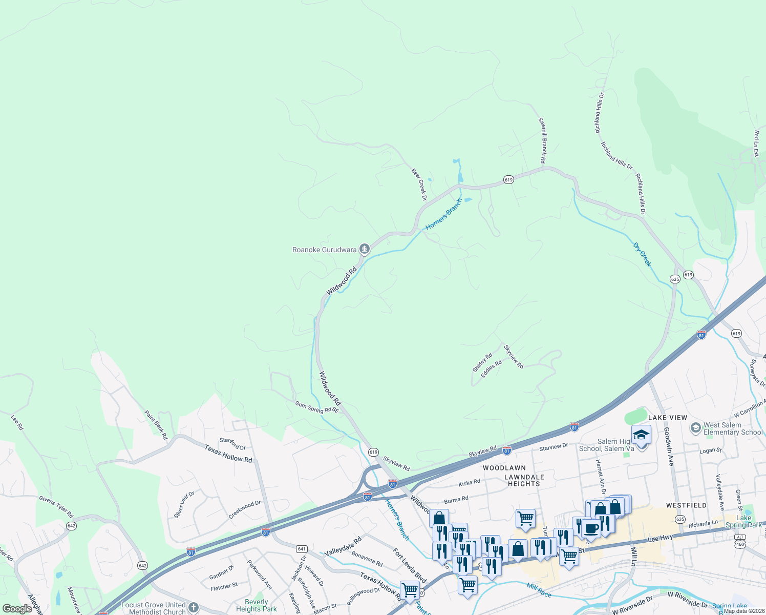 map of restaurants, bars, coffee shops, grocery stores, and more near 2152 Zana Dr in Salem