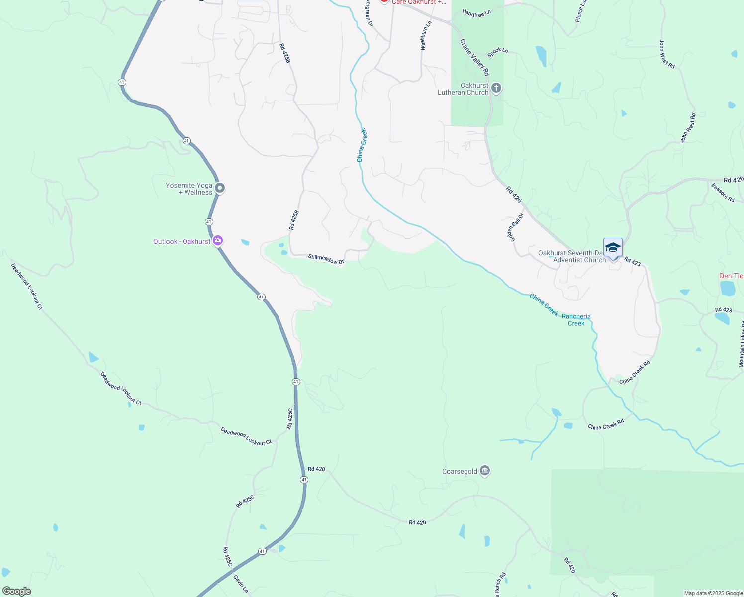 map of restaurants, bars, coffee shops, grocery stores, and more near Stillmeadow Lane in Oakhurst