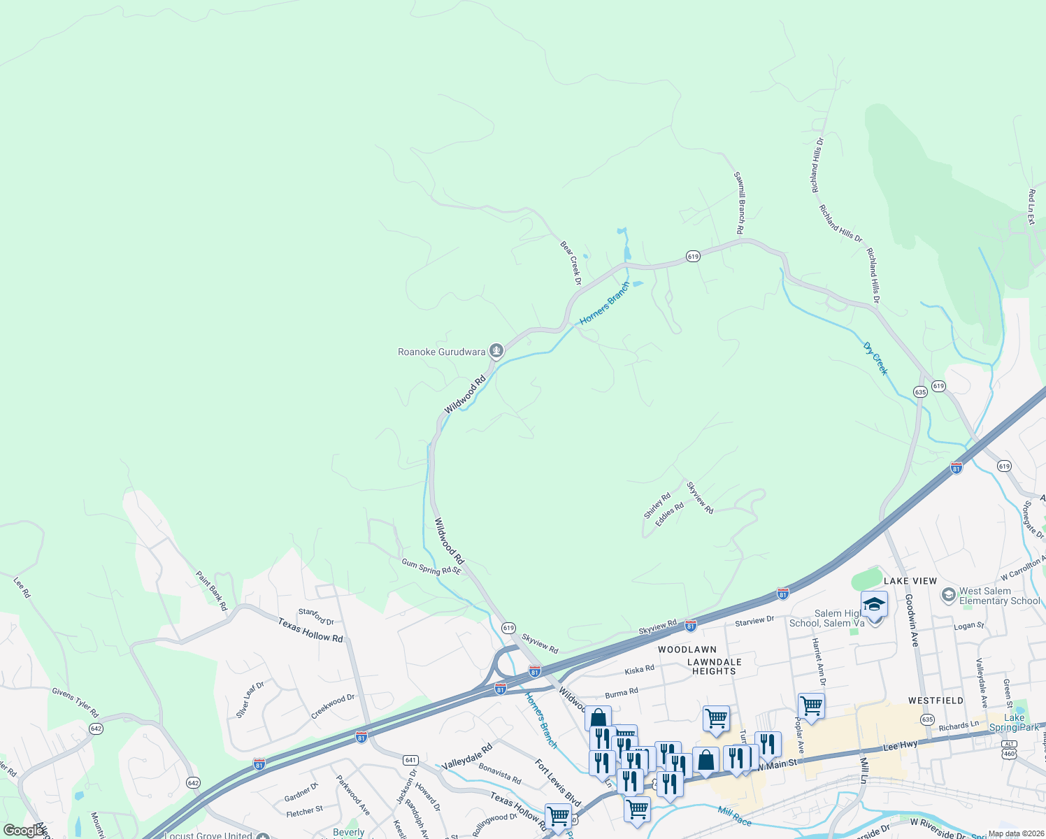 map of restaurants, bars, coffee shops, grocery stores, and more near 2215 Zana Dr in Salem