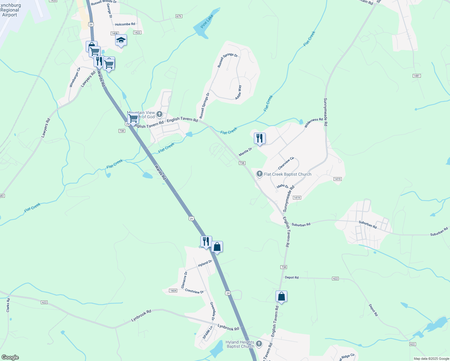 map of restaurants, bars, coffee shops, grocery stores, and more near 1690 English Tavern Road in Lynchburg