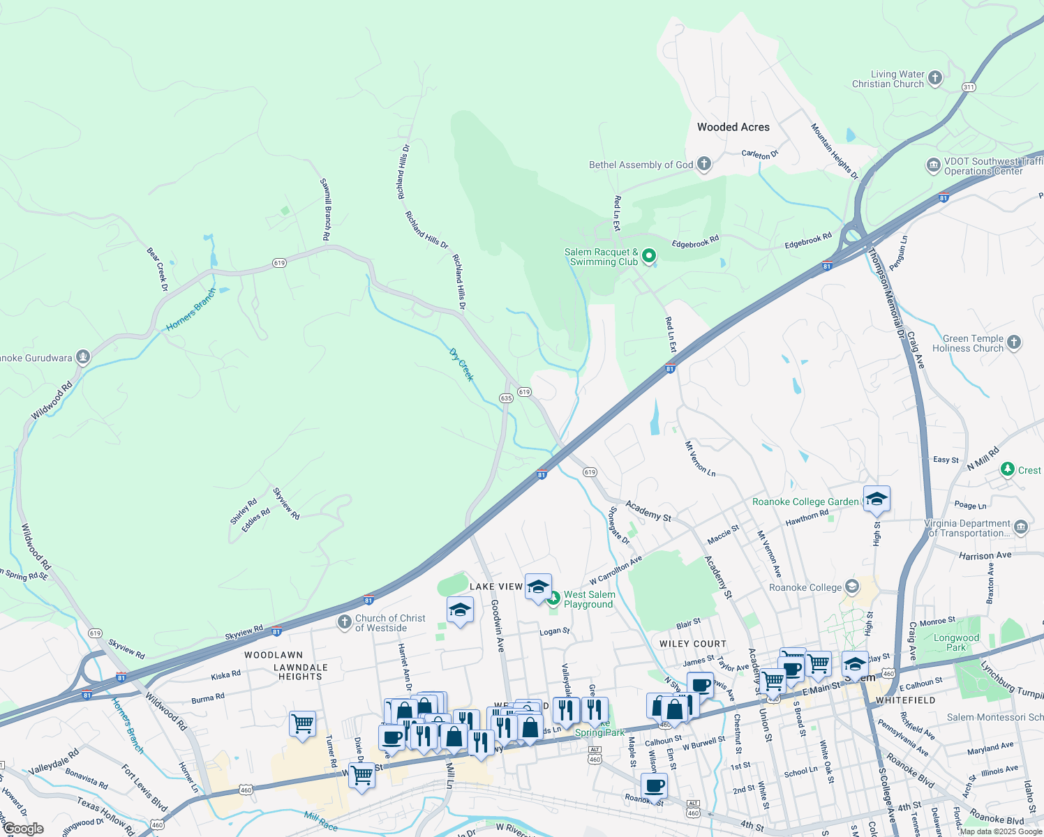 map of restaurants, bars, coffee shops, grocery stores, and more near 1334 Aarons Run Circle in Salem