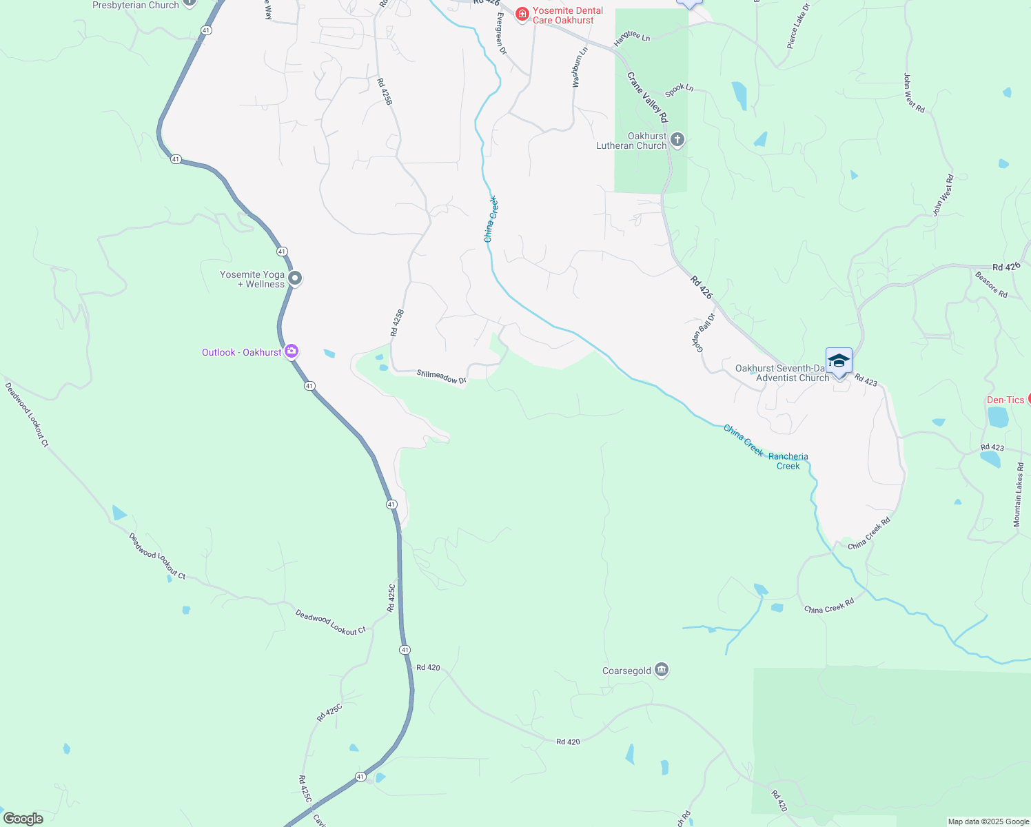 map of restaurants, bars, coffee shops, grocery stores, and more near Stillmeadow Lane in Oakhurst