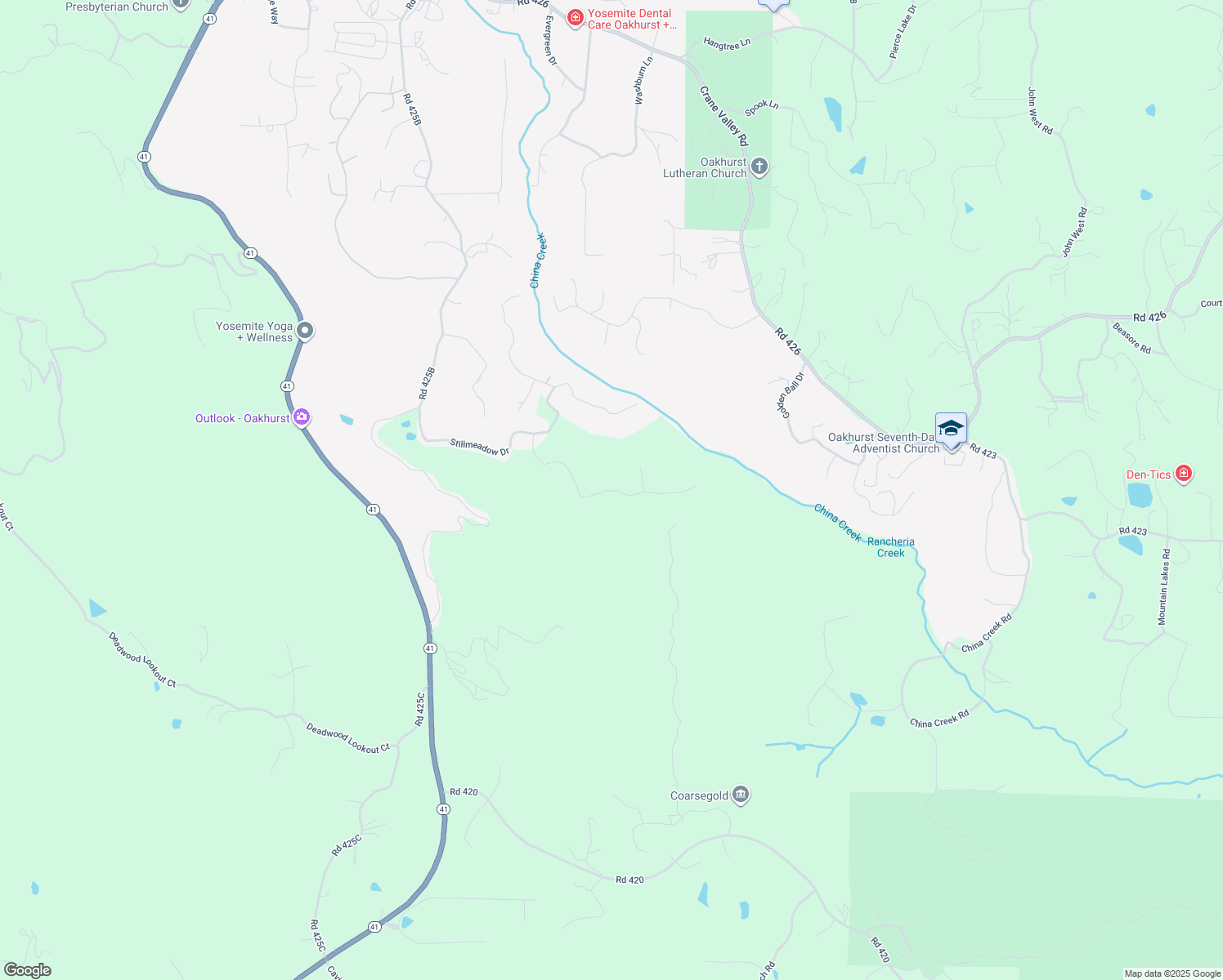 map of restaurants, bars, coffee shops, grocery stores, and more near Stillmeadow Lane in Oakhurst