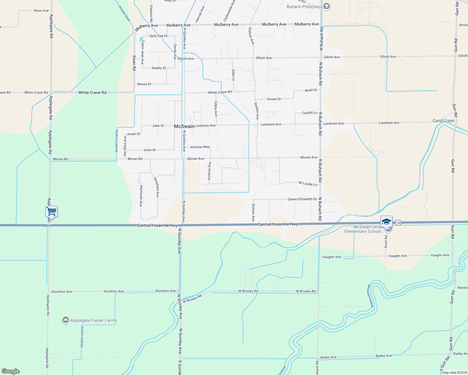 map of restaurants, bars, coffee shops, grocery stores, and more near 5605 Clear Creek Court in Atwater
