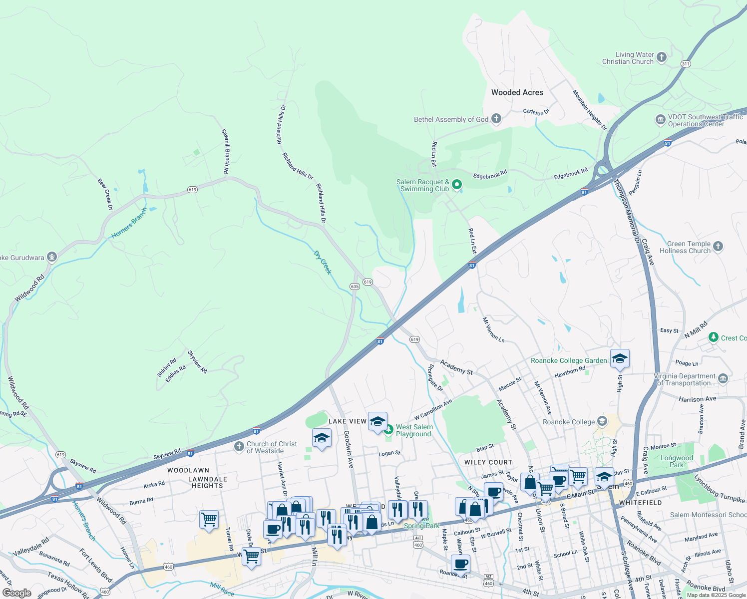 map of restaurants, bars, coffee shops, grocery stores, and more near 1331 Aarons Run Circle in Salem