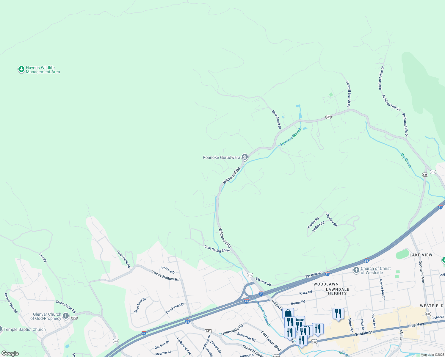 map of restaurants, bars, coffee shops, grocery stores, and more near 2556 Brandy Run Drive in Salem