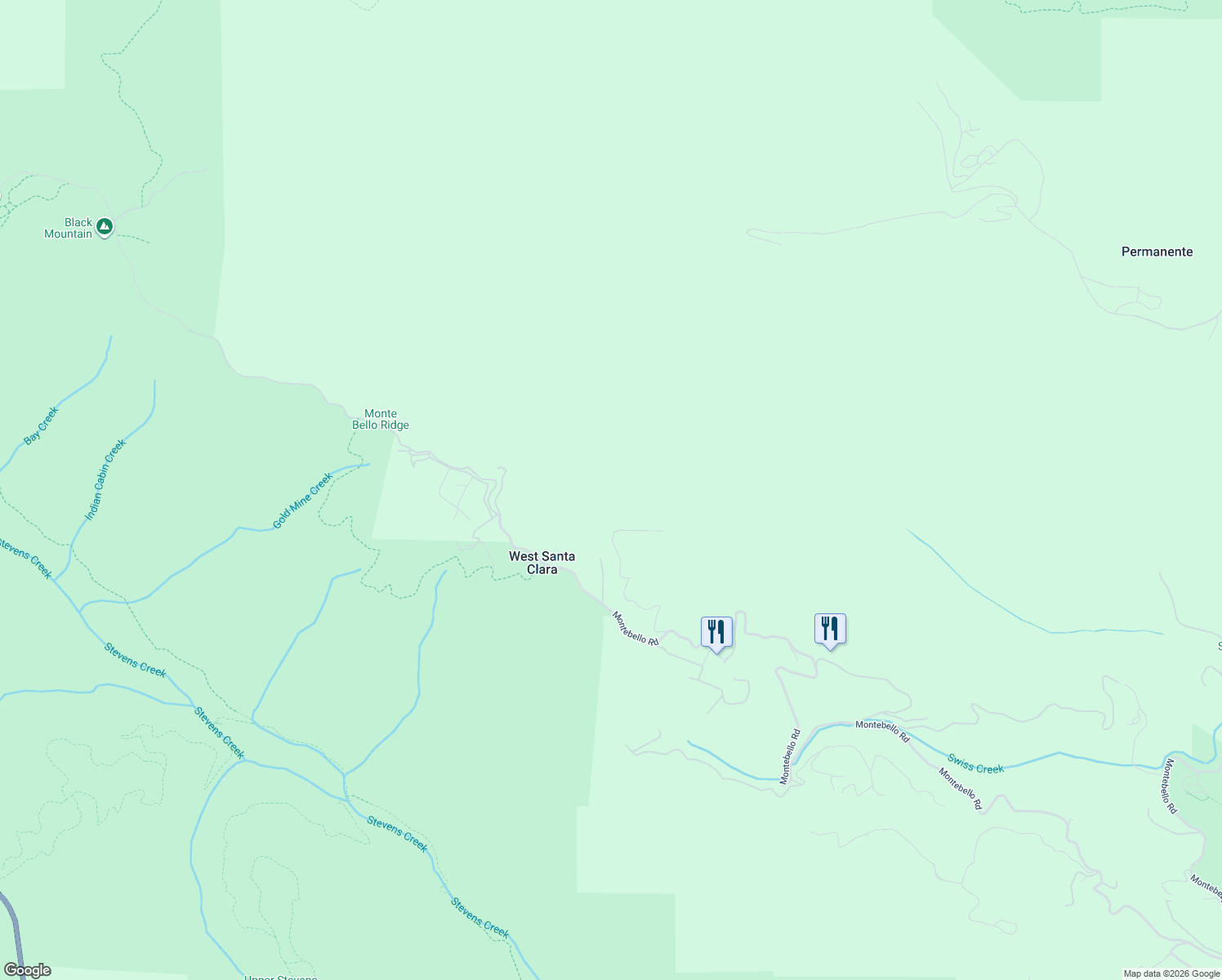 map of restaurants, bars, coffee shops, grocery stores, and more near 17599 Montebello Road in Cupertino