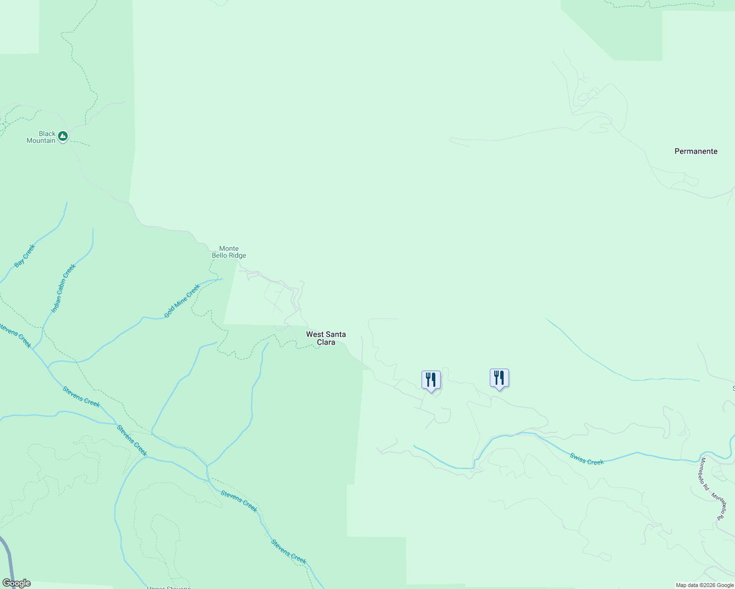 map of restaurants, bars, coffee shops, grocery stores, and more near 17599 Montebello Road in Cupertino