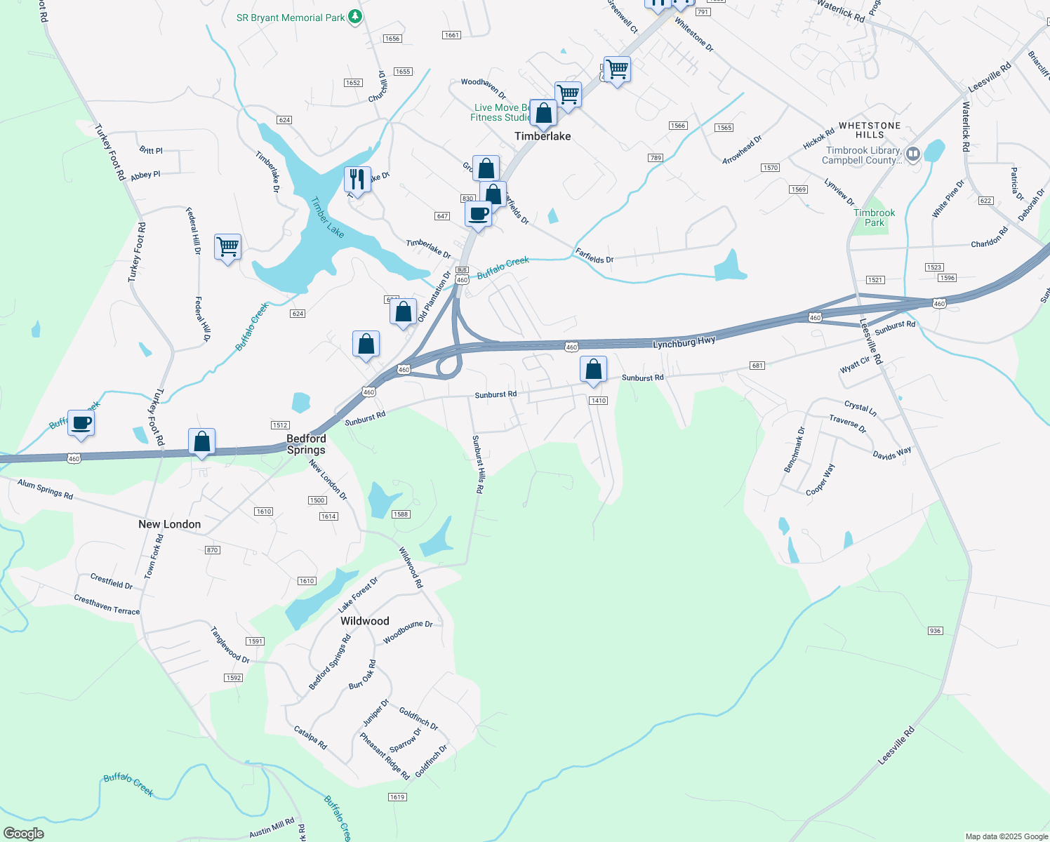 map of restaurants, bars, coffee shops, grocery stores, and more near 104 Salem Road in Evington