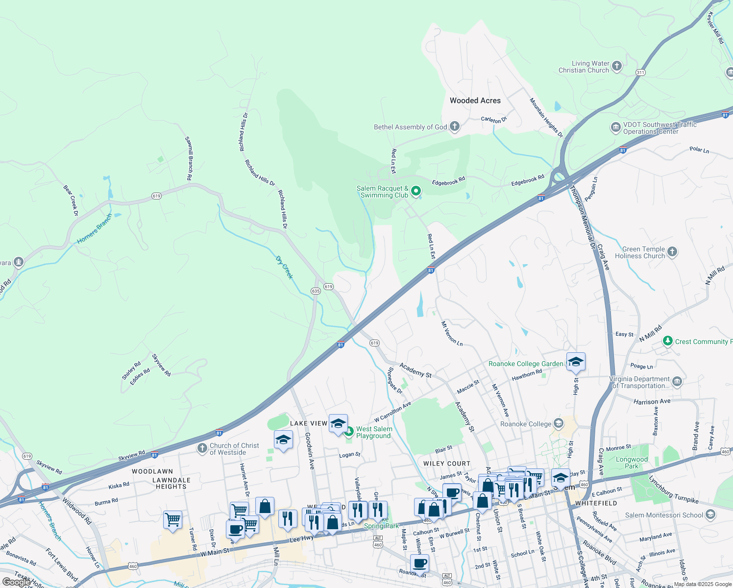 map of restaurants, bars, coffee shops, grocery stores, and more near 1300 Waldheim Road in Salem
