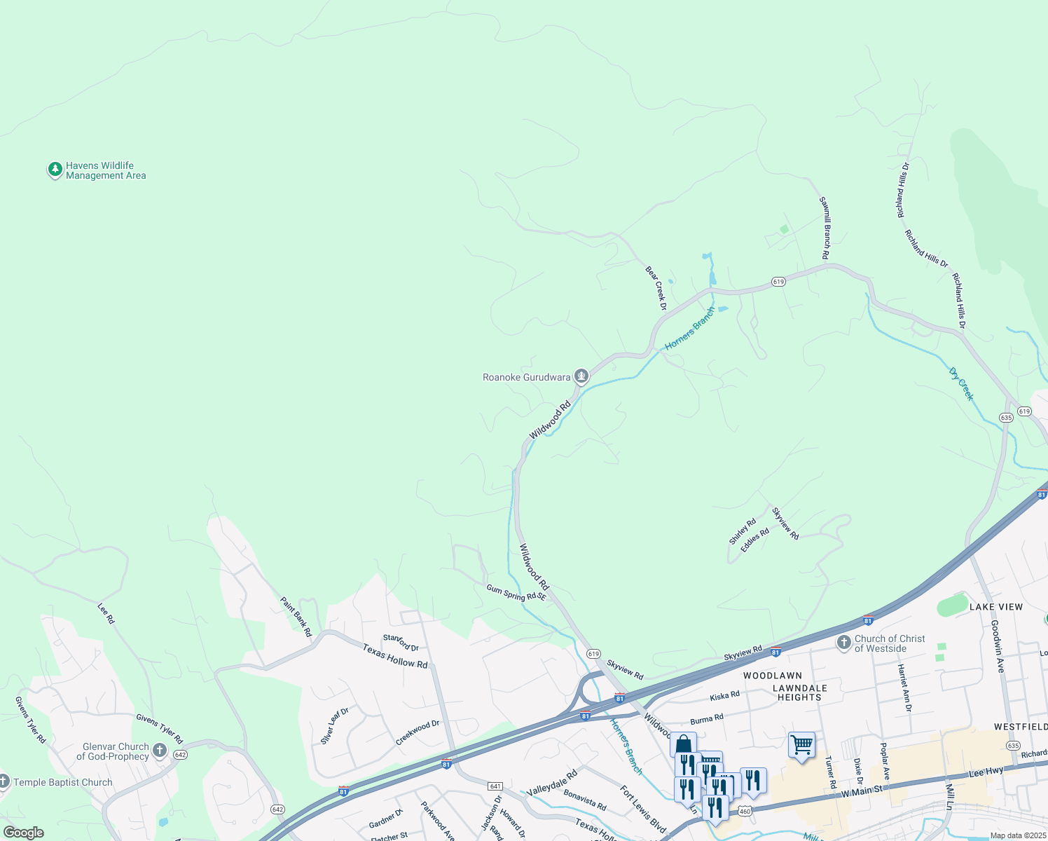 map of restaurants, bars, coffee shops, grocery stores, and more near 2556 Brandy Run Drive in Salem