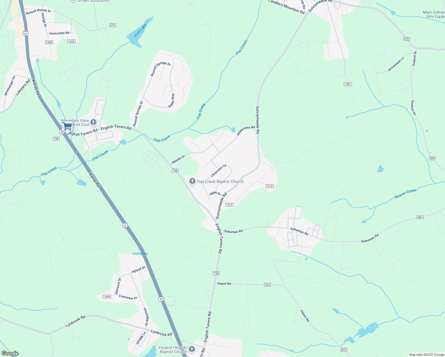 map of restaurants, bars, coffee shops, grocery stores, and more near 112 Clearview Circle in Rustburg