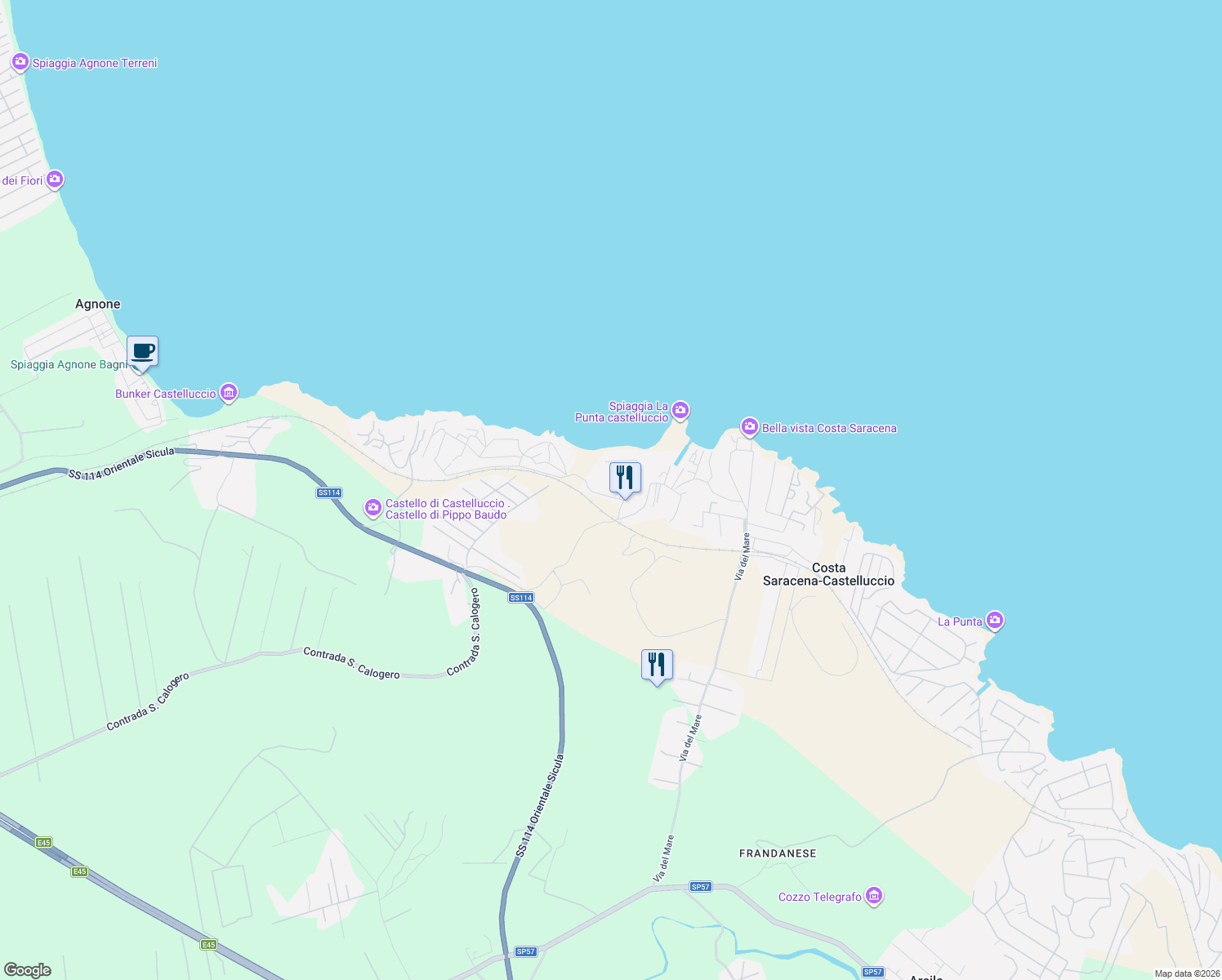 map of restaurants, bars, coffee shops, grocery stores, and more near Unnamed Road in Costa Saracena - Castelluccio