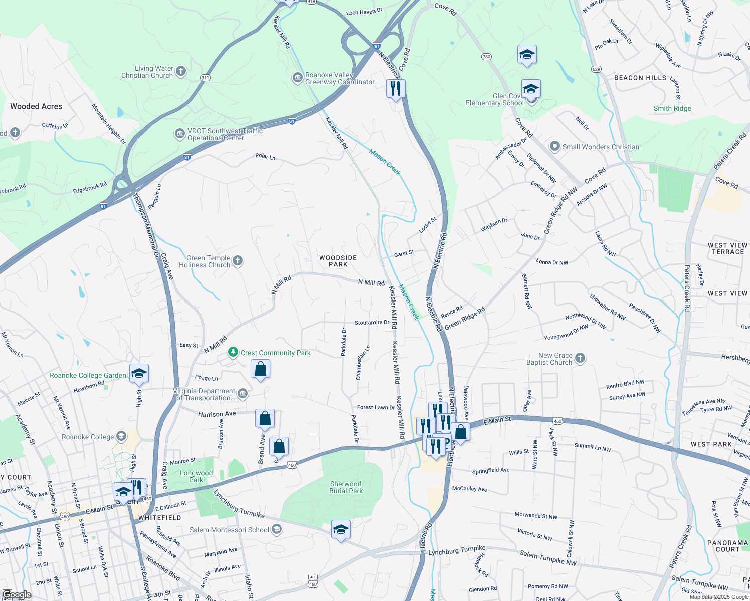 map of restaurants, bars, coffee shops, grocery stores, and more near 636 Chamberlain Lane in Salem