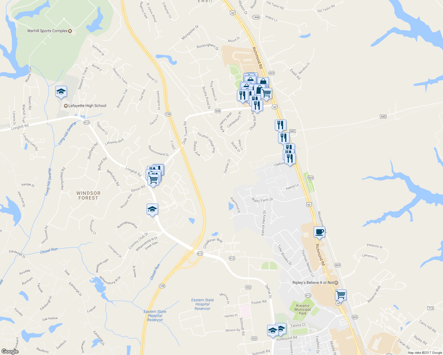 map of restaurants, bars, coffee shops, grocery stores, and more near 5394 Gardner Court in Williamsburg