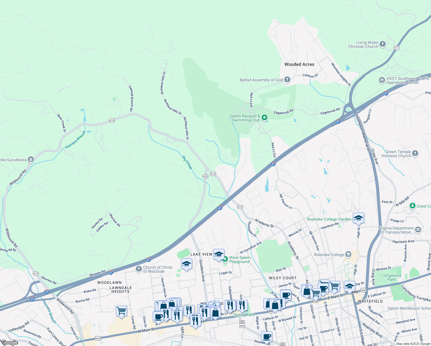 map of restaurants, bars, coffee shops, grocery stores, and more near 1365 Wildwood Road in Salem