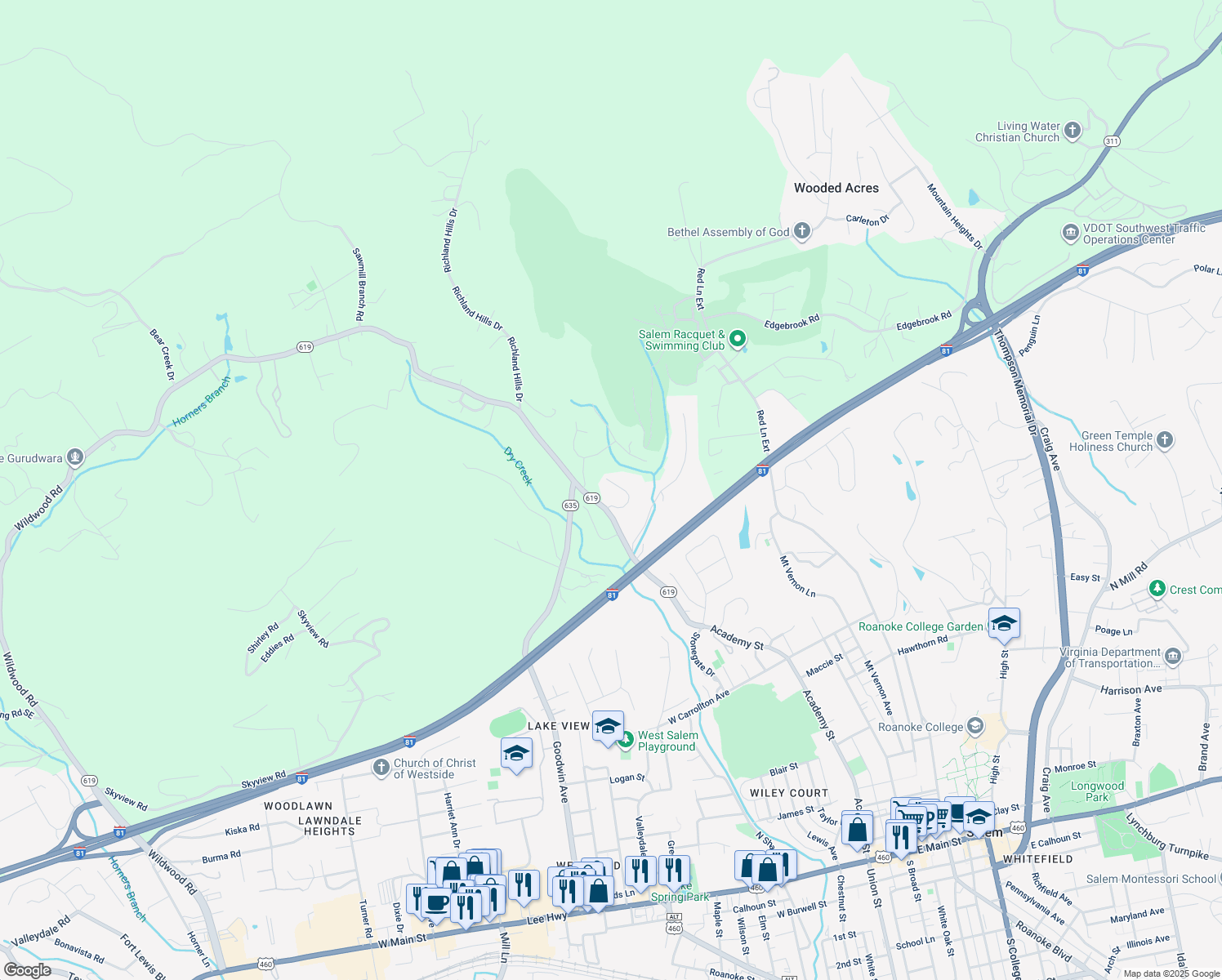 map of restaurants, bars, coffee shops, grocery stores, and more near 1539 Links View Drive in Salem