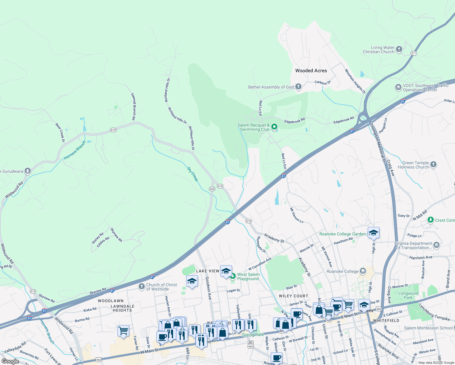map of restaurants, bars, coffee shops, grocery stores, and more near 1539 Links View Drive in Salem