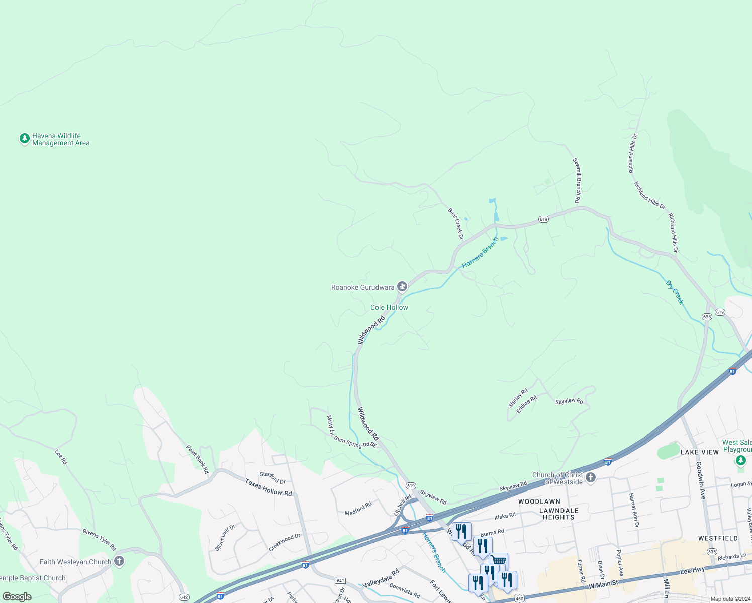 map of restaurants, bars, coffee shops, grocery stores, and more near 2517 Brandy Run Drive in Salem