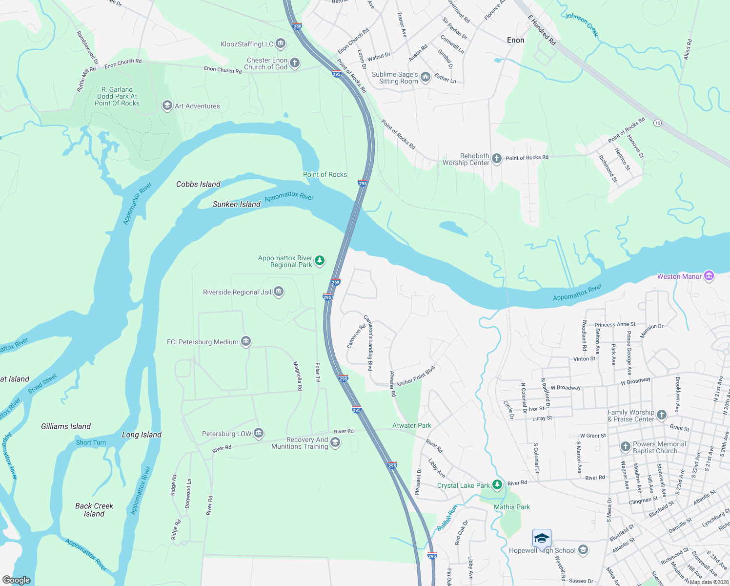 map of restaurants, bars, coffee shops, grocery stores, and more near 4206 River Vista Lane in Hopewell