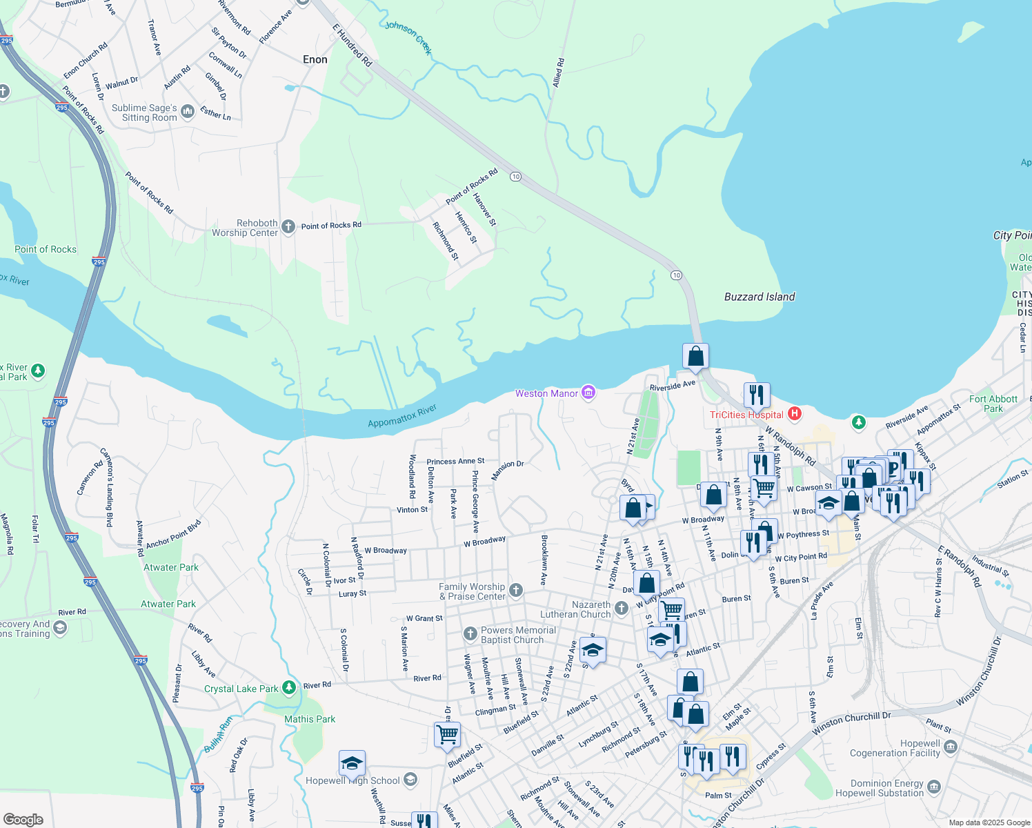 map of restaurants, bars, coffee shops, grocery stores, and more near 901 Mansion Drive in Hopewell