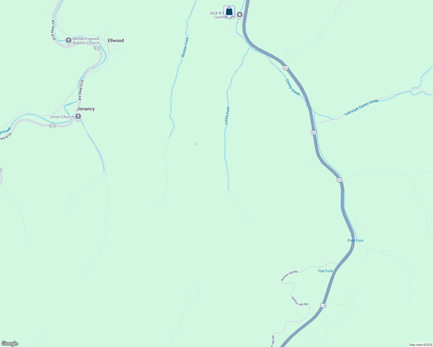 map of restaurants, bars, coffee shops, grocery stores, and more near 675 Lizzie Fork in Pikeville