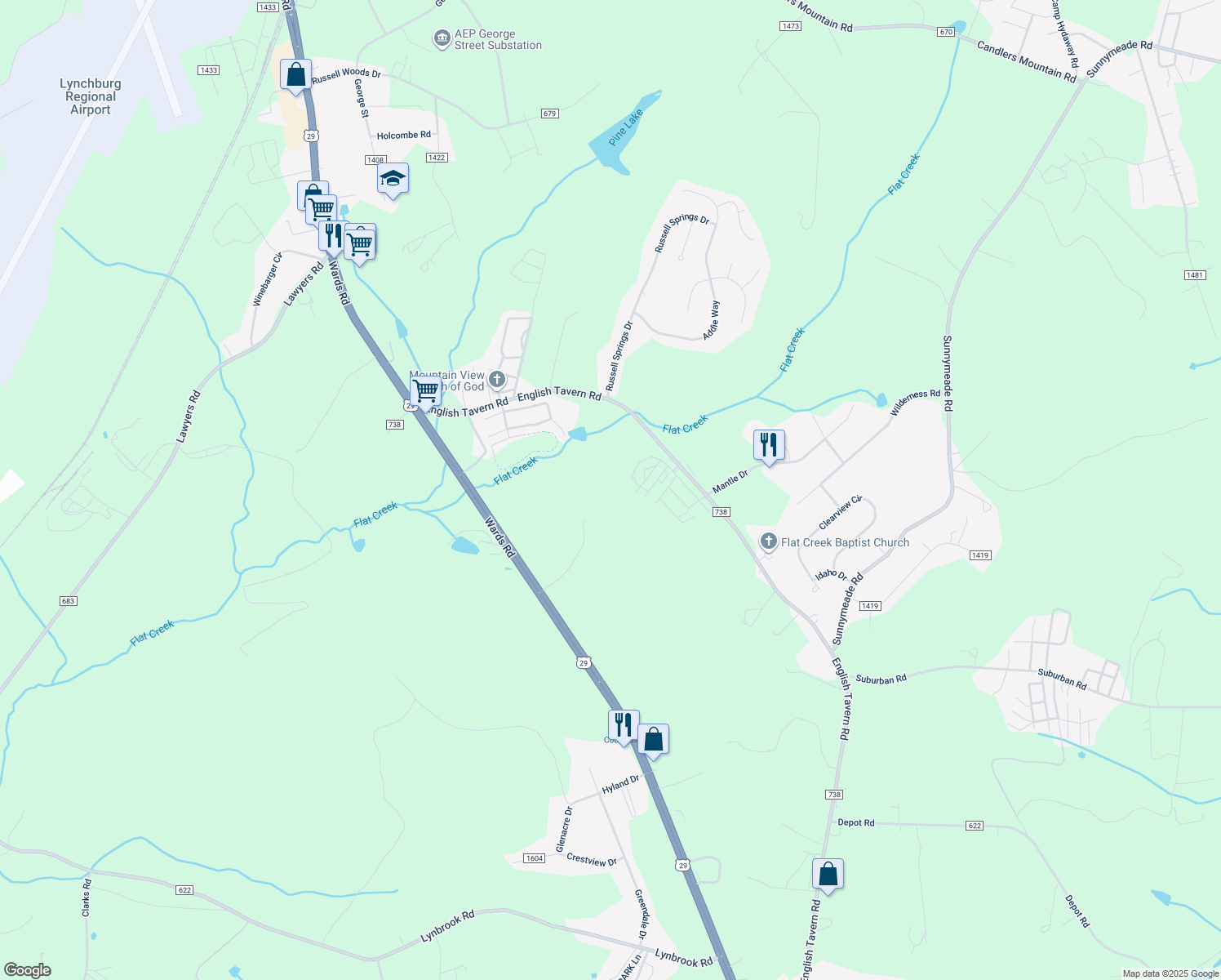map of restaurants, bars, coffee shops, grocery stores, and more near 57 Warwick Drive in Lynchburg