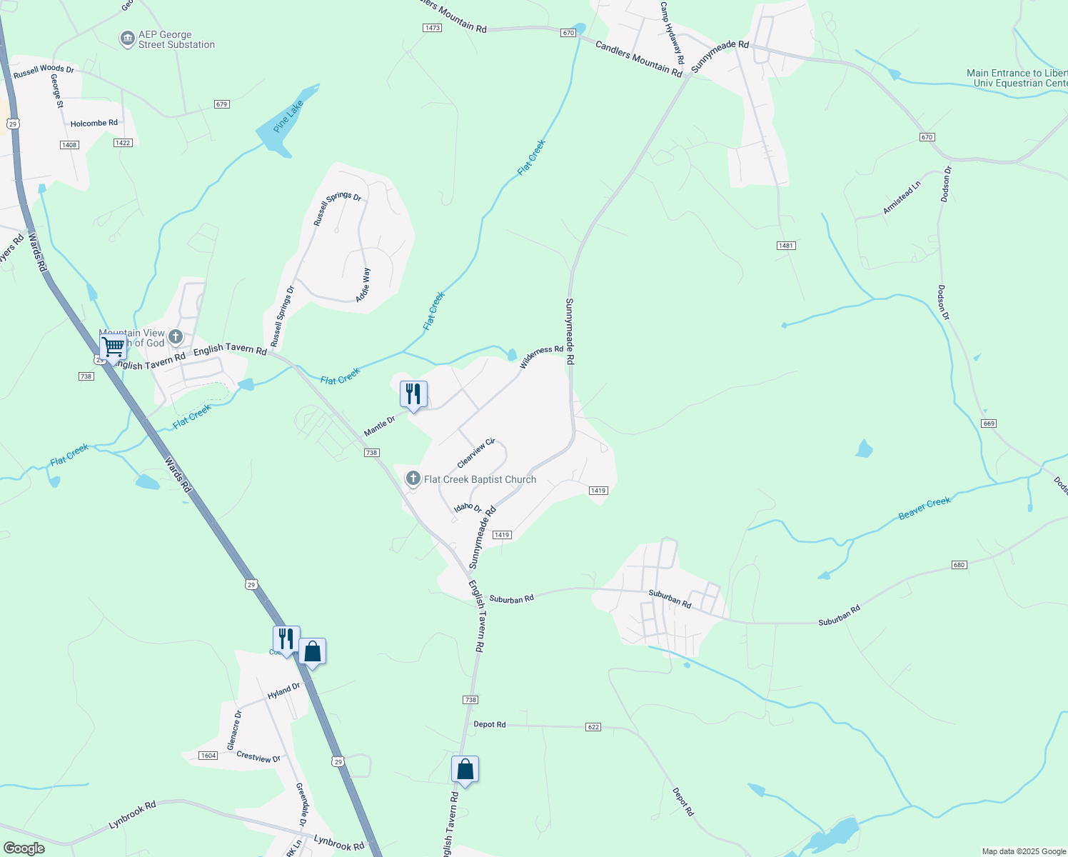 map of restaurants, bars, coffee shops, grocery stores, and more near 706 Sunnymeade Road in Rustburg