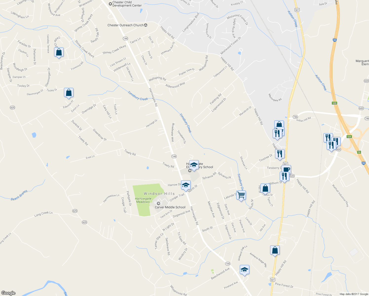 map of restaurants, bars, coffee shops, grocery stores, and more near 15307 Timsberry Circle in Chester