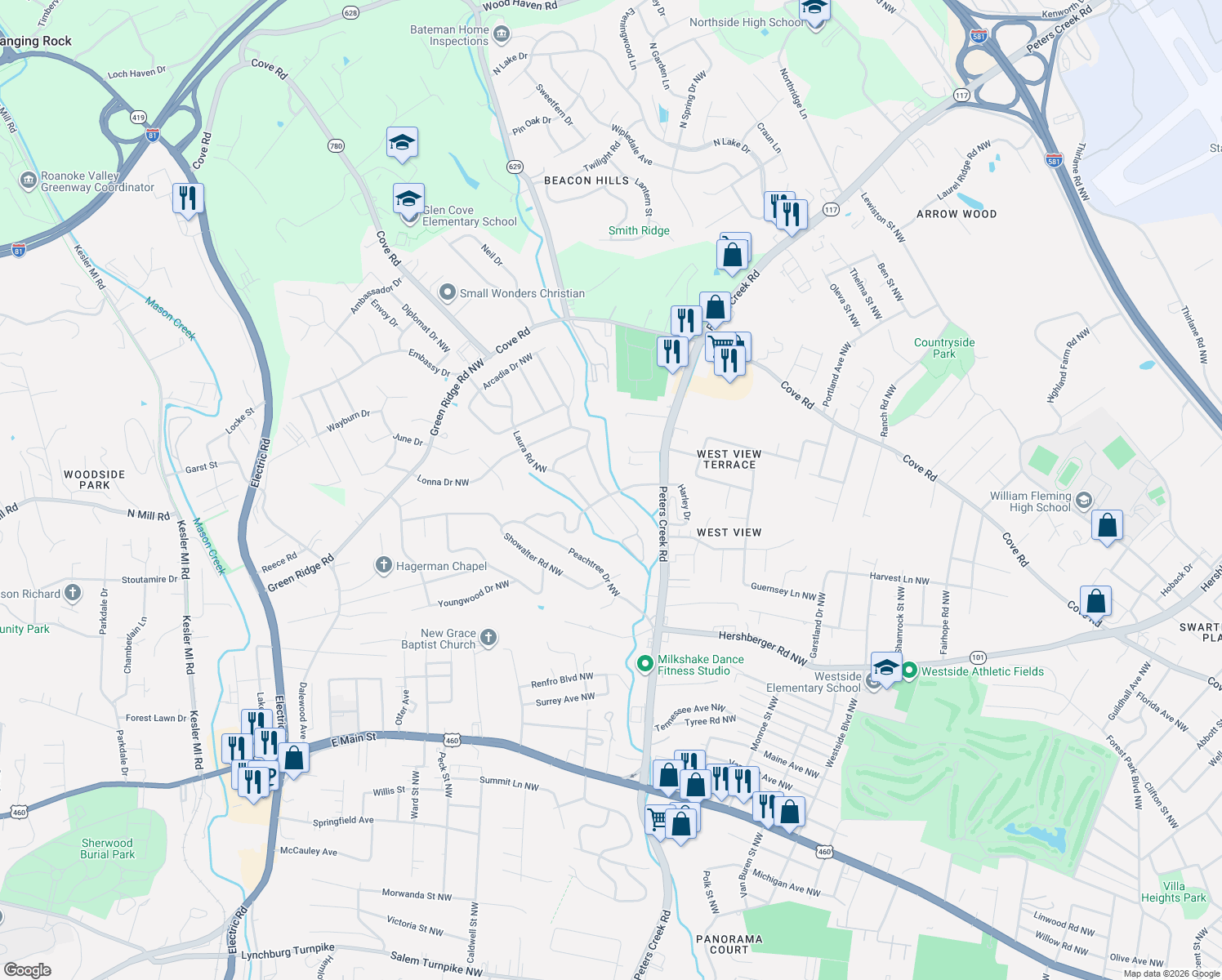 map of restaurants, bars, coffee shops, grocery stores, and more near 2003 Meadowbrook Road Northwest in Roanoke