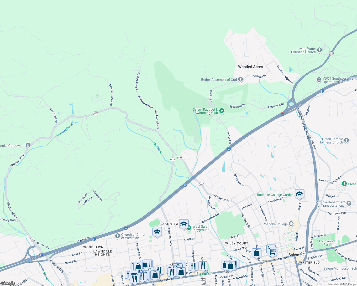 map of restaurants, bars, coffee shops, grocery stores, and more near 1397 Fieldgate Road in Salem