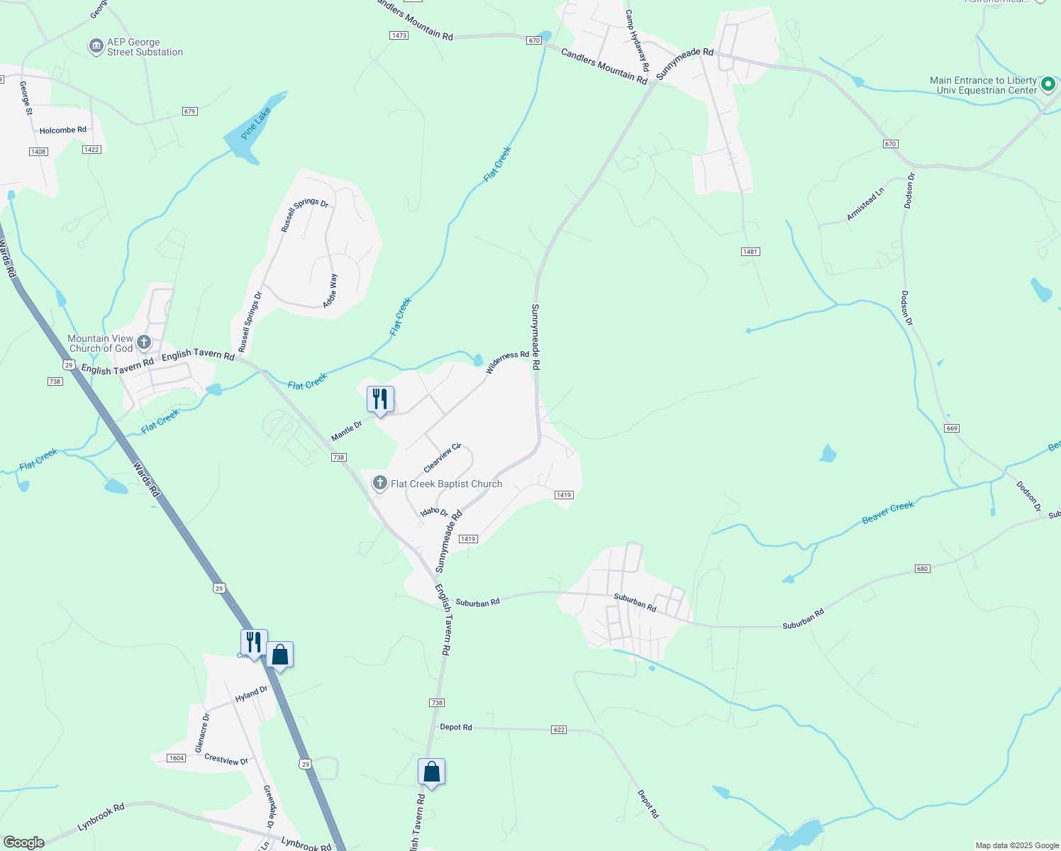 map of restaurants, bars, coffee shops, grocery stores, and more near 648 Sunnymeade Road in Rustburg