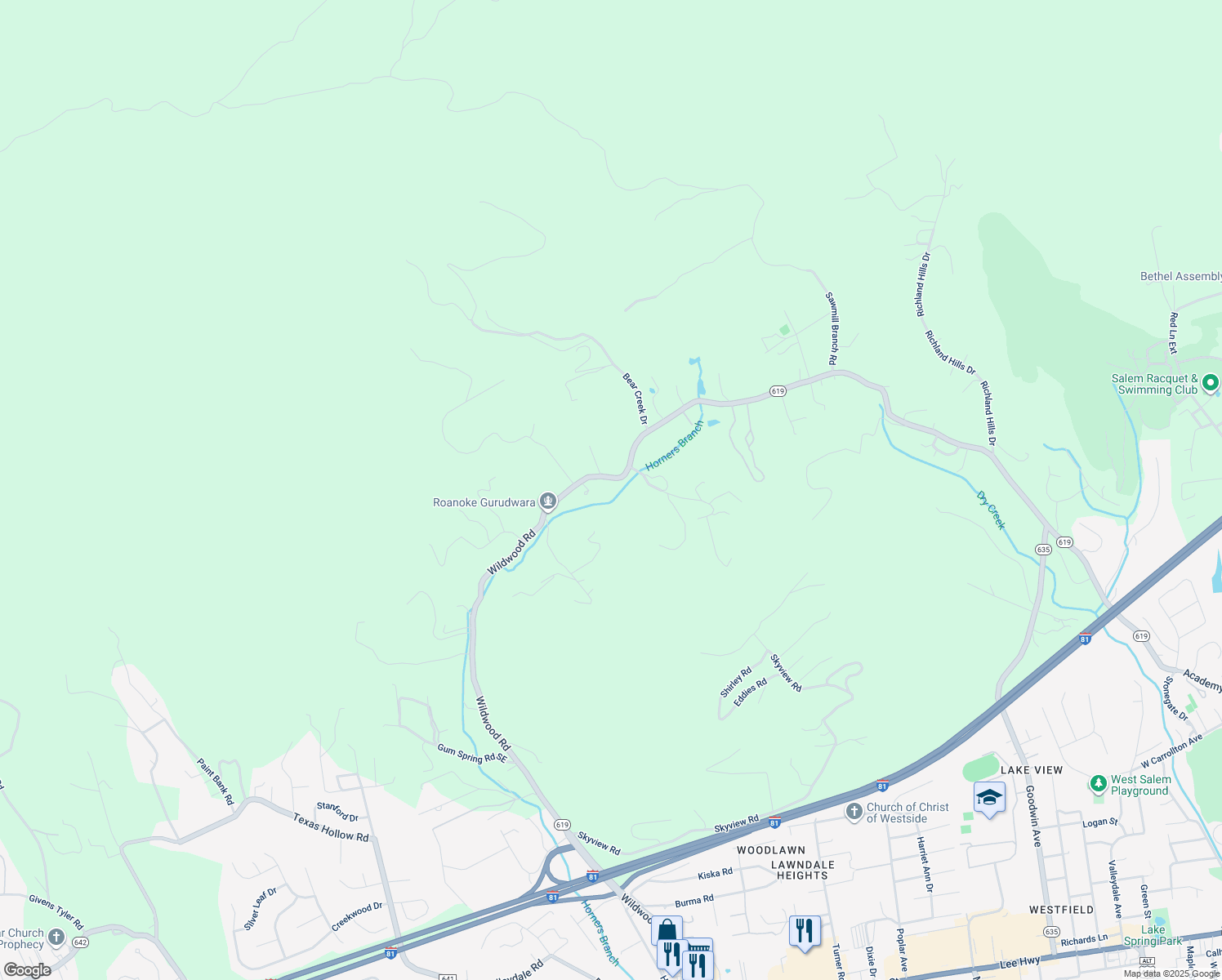 map of restaurants, bars, coffee shops, grocery stores, and more near 2126 Wildwood Road in Salem