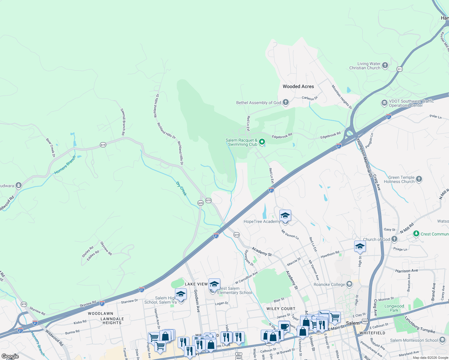 map of restaurants, bars, coffee shops, grocery stores, and more near 1316 Coronado Drive in Salem