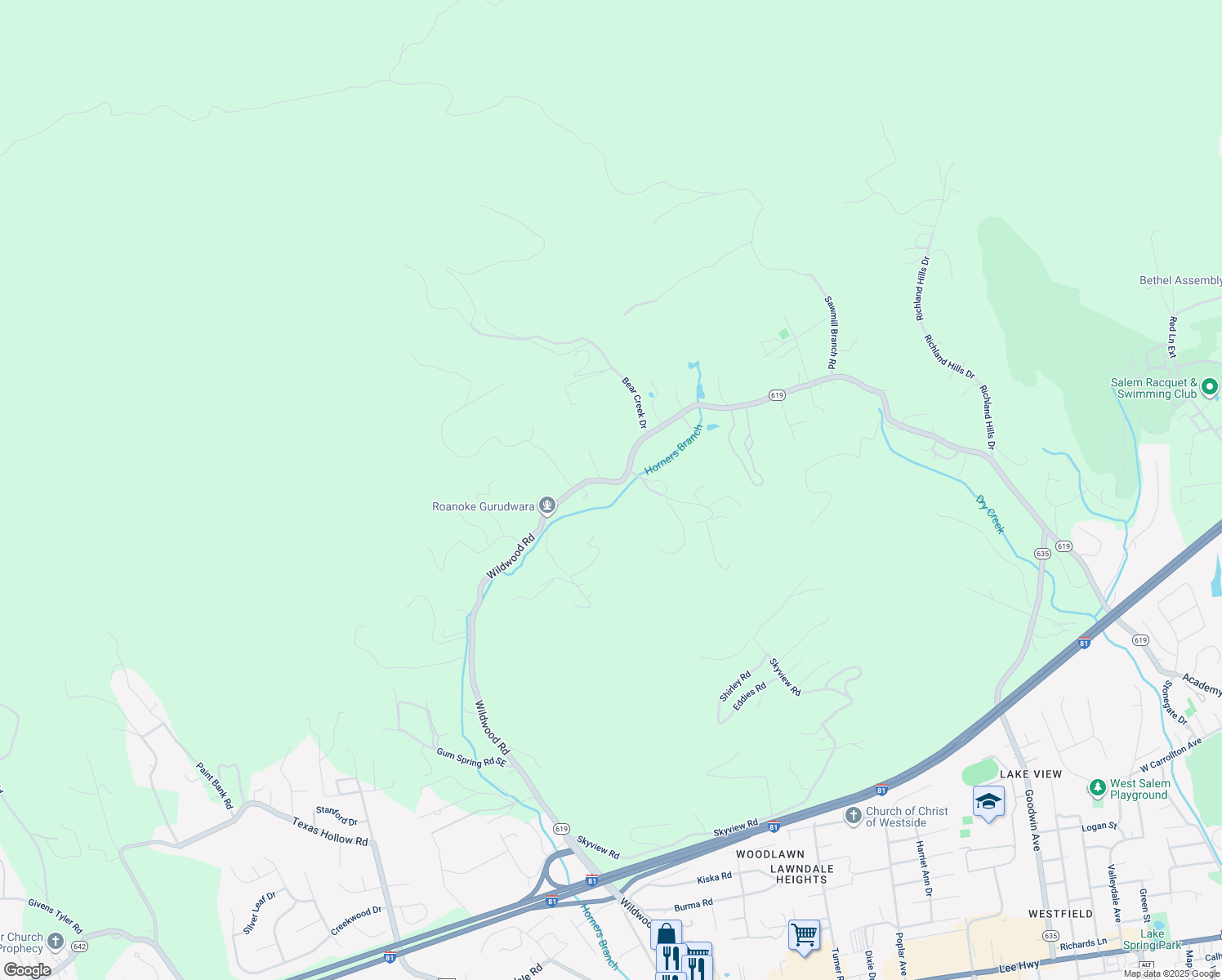 map of restaurants, bars, coffee shops, grocery stores, and more near 2126 Wildwood Road in Salem